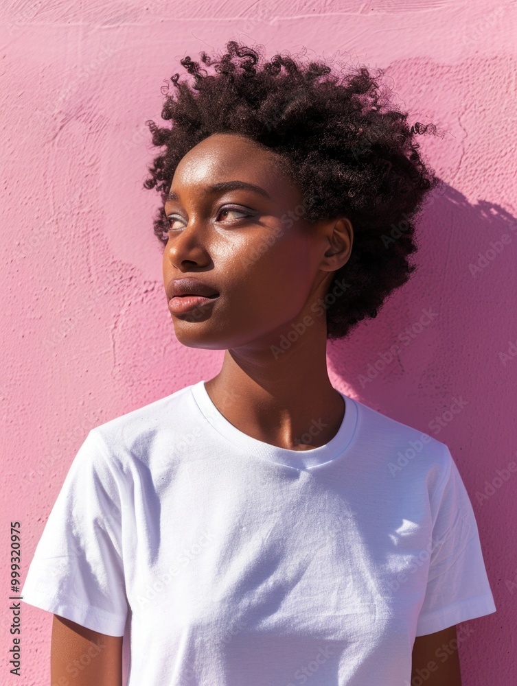Confident African American Woman with Natural Hair Against Pink Wall Confident African American Woman with Natural Hair Against Pink Wall