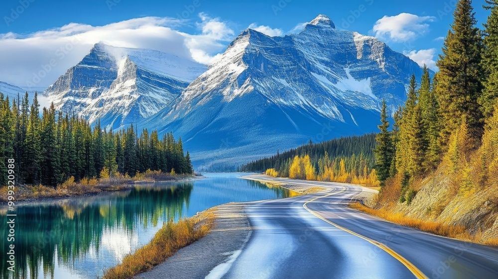 Fototapeta premium Scenic mountain road winding through a valley with a lake and snow-capped peaks.