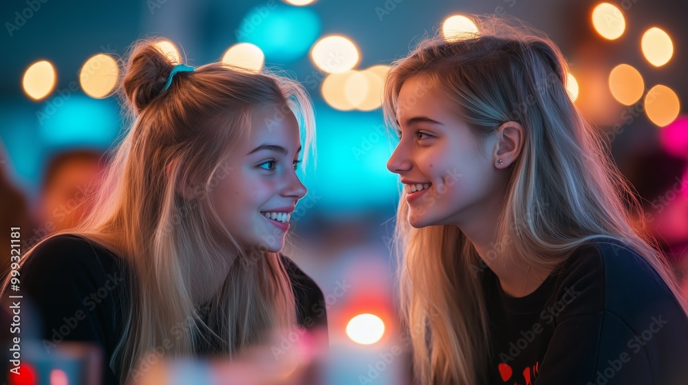 Two attendees sharing a light-hearted moment during a discussion, surrounded by others who are equally engaged and happy Two attendees sharing a light-hearted moment during a discussion, surrounded by others who are equally engaged and happy