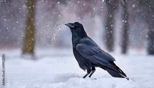 Crow Playing in a Winter Park