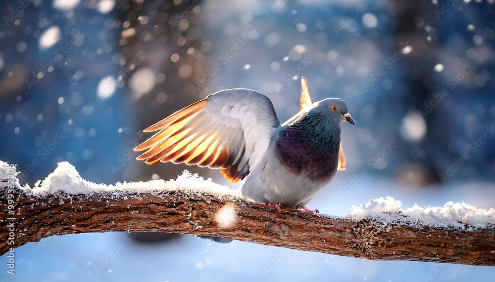 Fototapeta premium Pigeon Playing in a Winter Park