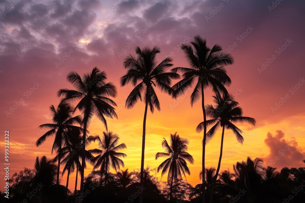generated illustration of tropical sunset scene featuring palm trees silhouetted against a vibrant sky