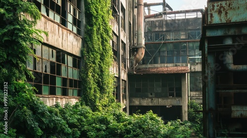 An overgrown, abandoned industrial complex displaying rusted structures and lush greenery, depicting nature reclaiming human-made spaces.