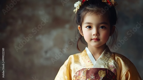 A little girl in a traditional Han Dynasty dress, standing naturally with soft, subtle luster on her outfit, clean background