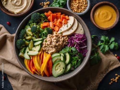 Healthy Rainbow Buddha Bowl with Fresh Vegetables and Hummus Ai Generative