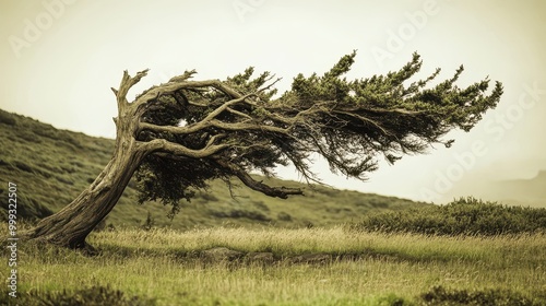 A windswept tree stands bent in a calm landscape, showcasing nature's resilience against prevailing winds in a serene environment.