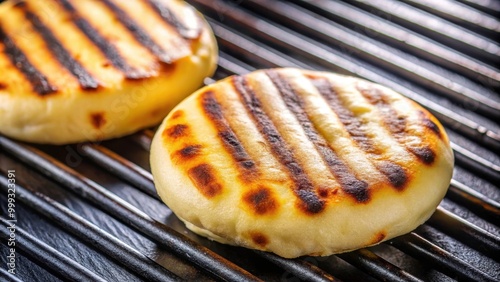 Close-up view of freshly made Venezuelan arepas sizzling on a black grill, emitting irresistible aromas and flavors photo