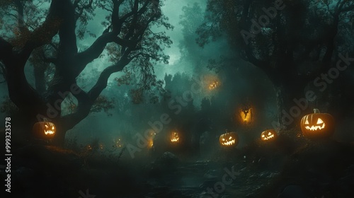 Spooky Halloween Forest with Glowing Jack-o'-Lanterns