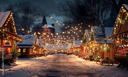 A festive Christmas market in the snow, with stalls selling decorations and hot cocoa, and lights strung overhead