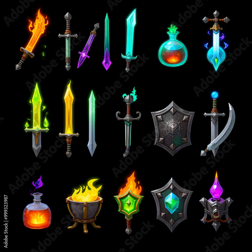 Set of Colorful Fantasy Swords and Shields photo