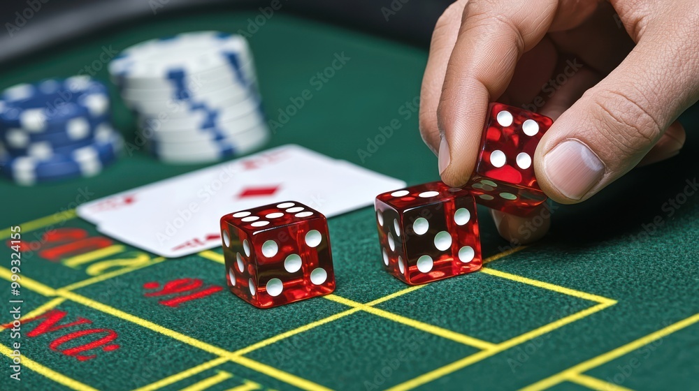 High-Stakes Casino Craps Table: Players Engaged in Intense Betting with Detailed Dice and Chips High-Stakes Casino Craps Table: Players Engaged in Intense Betting with Detailed Dice and Chips