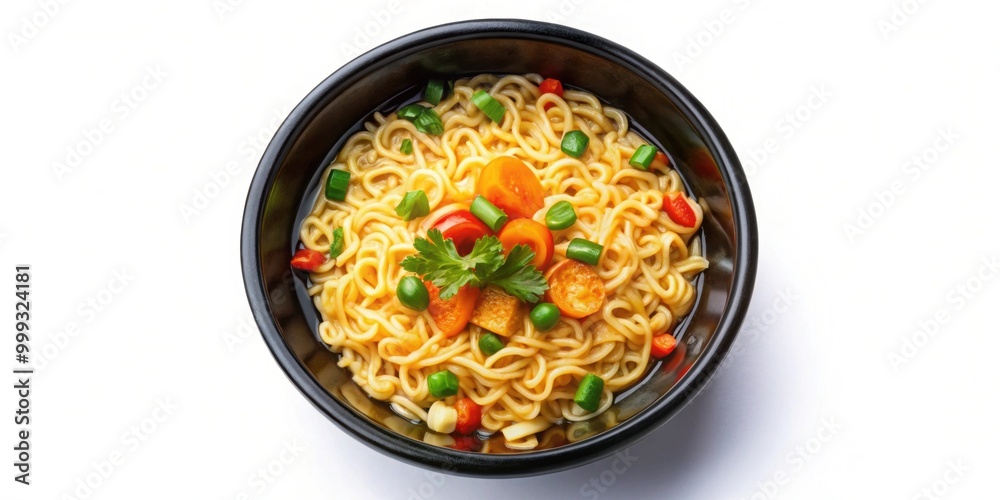 Top view of instant noodles soup in black plastic bowl isolated on background, instant noodles, soup, black bowl Top view of instant noodles soup in black plastic bowl isolated on background, instant noodles, soup, black bowl