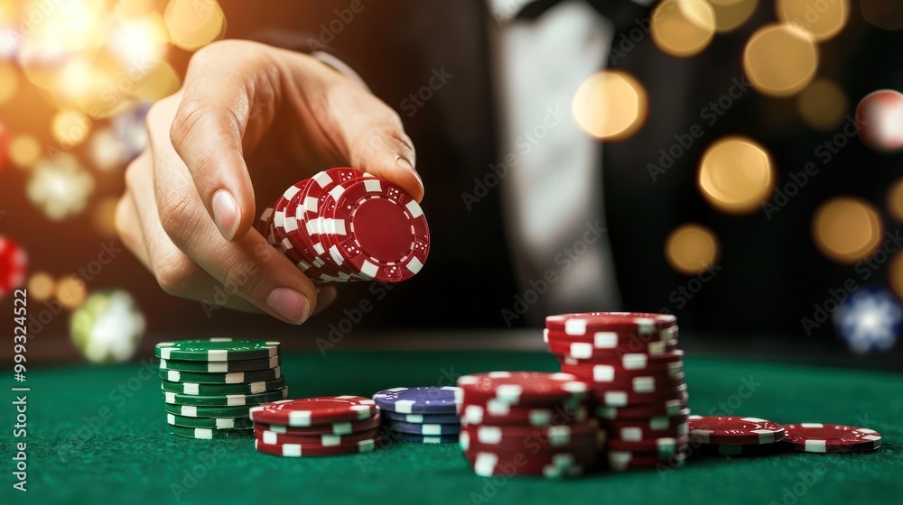 Luxurious Casino Setting with Red and Gold Decor, Intense Poker Game with Betting Chips on Table Luxurious Casino Setting with Red and Gold Decor, Intense Poker Game with Betting Chips on Table