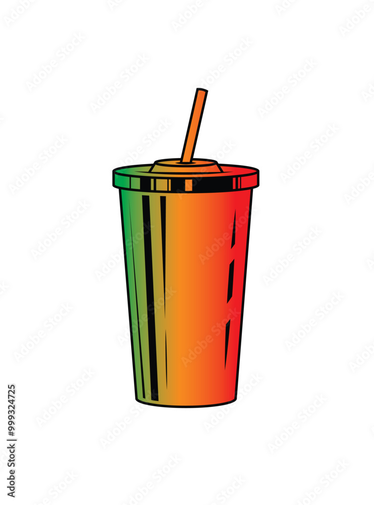Fast food plastic cup with straw. Hot or cold drink. Original vector illustration in vintage style.
