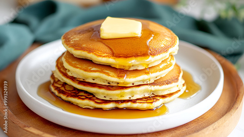 A white plate surrounded by four fluffy, golden pancakes neatly stacked on it. The pancakes are topped with a pat of melting butter and a drizzle of warm maple syrup. concept white background, create