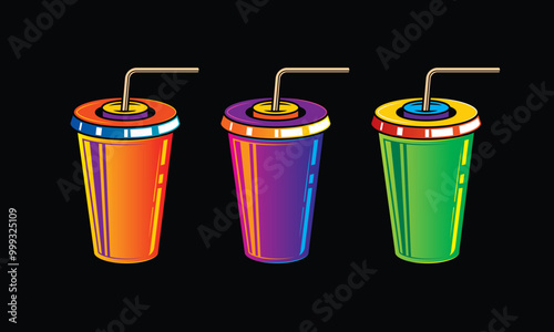 Fast food plastic cup with straw. Hot or cold drink. Original vector illustration in vintage style.