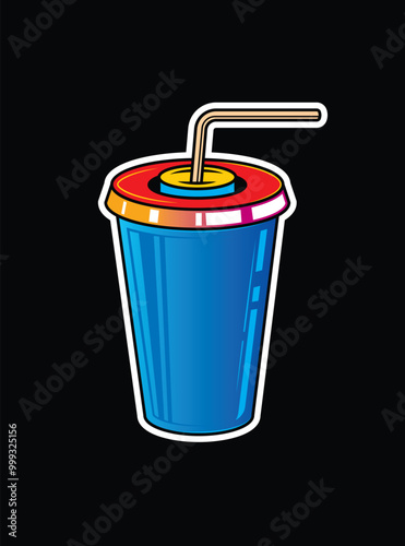 Fast food plastic cup with straw. Hot or cold drink. Original vector illustration in vintage style.