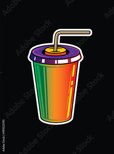 Fast food plastic cup with straw. Hot or cold drink. Original vector illustration in vintage style.