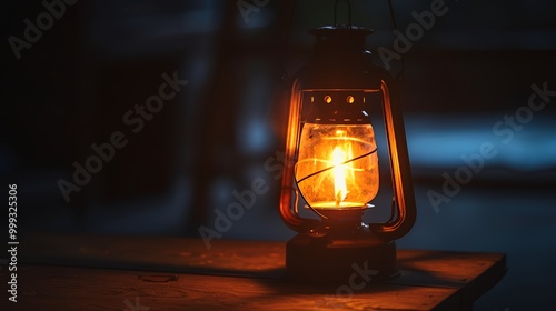 A kerosene lantern lit in the darkness, casting a warm glow on a wooden table.