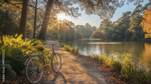 Golden Hour Bike Ride by a Serene Lake