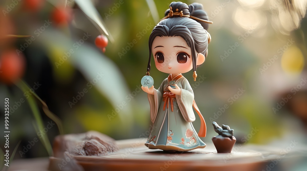 Obraz premium The cute girl in a Han Dynasty dress, holding a tiny jade pendant, blind box toy style with matte sculpting