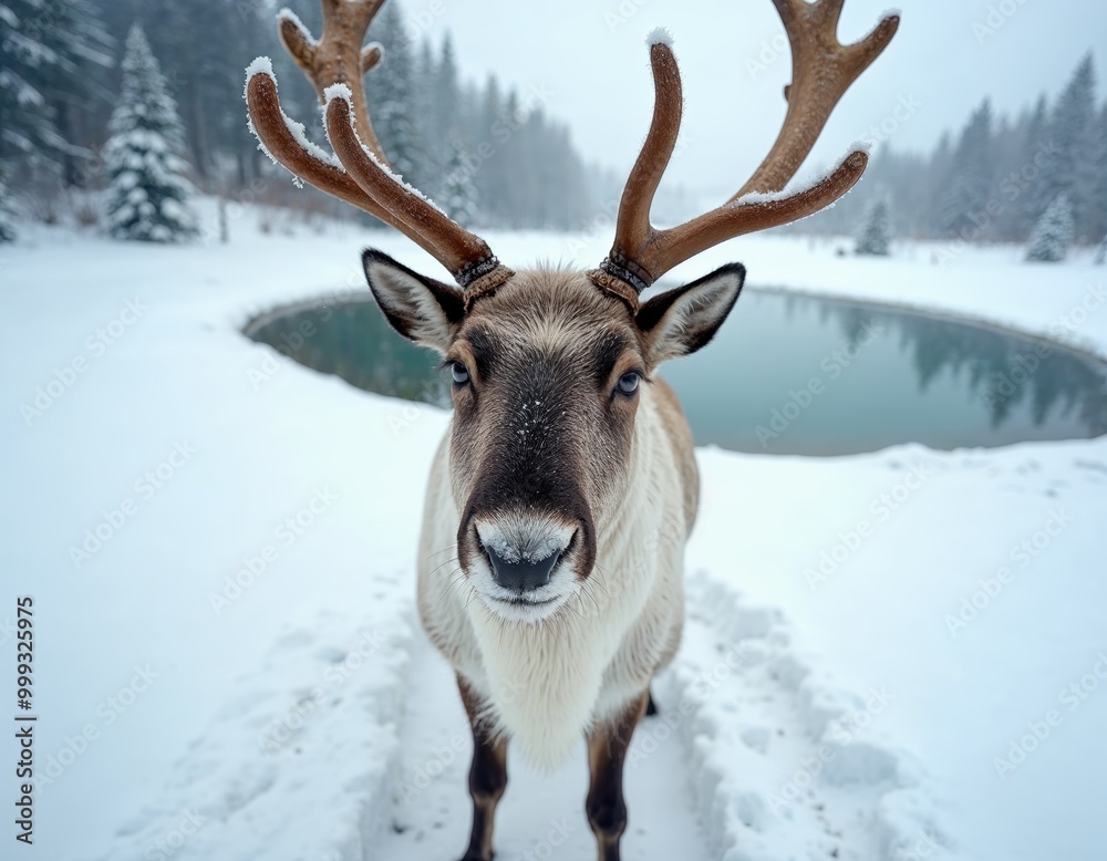 Portrait of a reindeer with massive antlers pulling sleigh in snow Portrait of a reindeer with massive antlers pulling sleigh in snow
