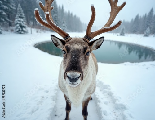 Portrait of a reindeer with massive antlers pulling sleigh in snow