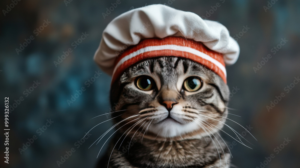 A tabby cat with a white chef's hat looks intently at the camera. A tabby cat with a white chef's hat looks intently at the camera.
