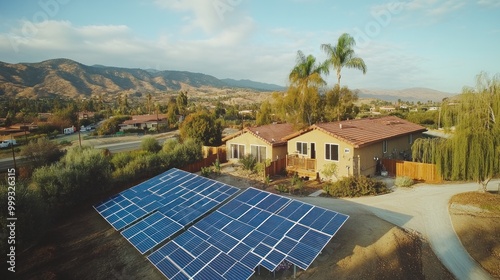 Show a community solar farm with panels generating clean energy, demonstrating collaborative efforts in adopting renewable energy photo