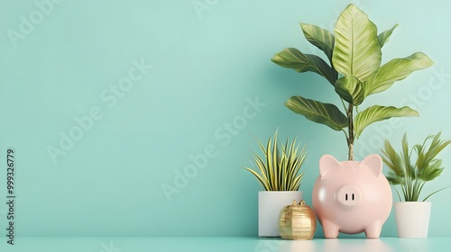 A serene scene featuring a pink piggy bank beside green plants on a mint-colored background, symbolizing savings and growth.