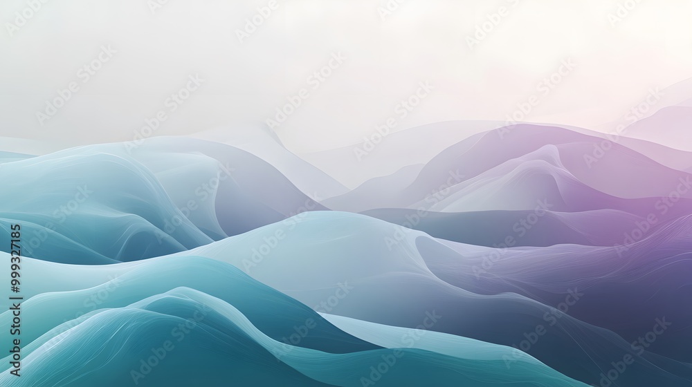 Obraz premium Abstract background featuring fluid wave patterns, with a gradient transitioning from teal to soft lavender, creating a calming effect.