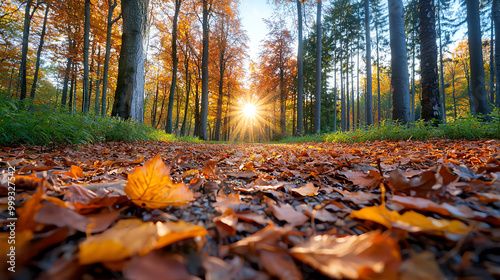 Wallpaper Mural Scenic forest path with autumn leaves and sunlight piercing through the trees. Torontodigital.ca