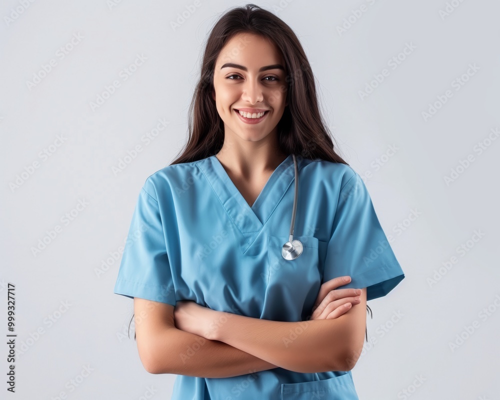 Smiling Female Nurse in Blue Scrubs with Stethoscope on Light Background - Healthcare Professional Portrait Smiling Female Nurse in Blue Scrubs with Stethoscope on Light Background - Healthcare Professional Portrait