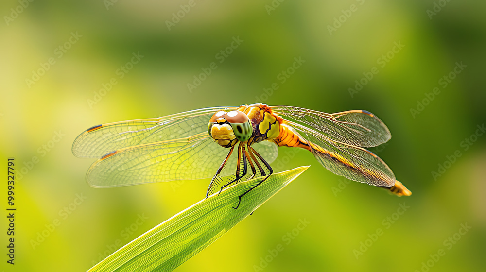 Dragonfly perched on a green leaf, vibrant nature background Dragonfly perched on a green leaf, vibrant nature background