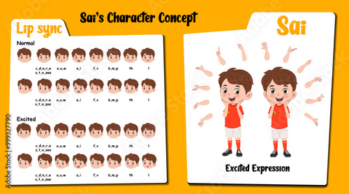 Excited boy cartoon. Excited sports boy cartoon character. Excited boy face lip sync set and hand gesture. Excited boy vector, illustration, clipart.