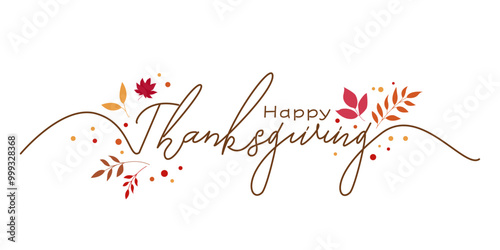 Thanks giving decorative calligraphy. Happy Thanks giving day hand drawn lettering decoration with autumnal elements. Vector illustration.