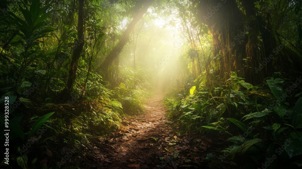 Sunlight shines through dense foliage creating a mystical pathway in a lush jungle. Sunlight shines through dense foliage creating a mystical pathway in a lush jungle.