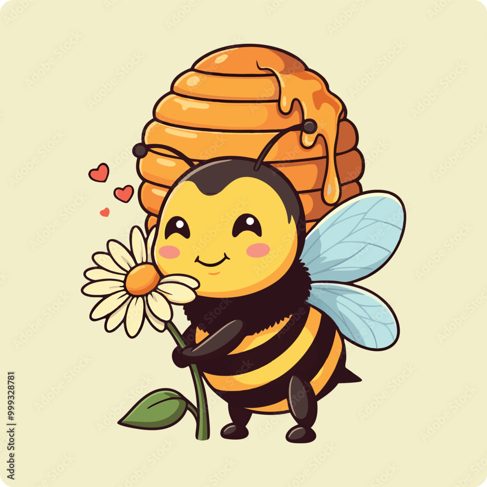 Obraz premium cartoon bee, cute bee, honey bee, kawaii bee, adorable bee, bee with honey, bee and flower, smiling bee, happy bee, honeycomb bee, buzzing bee, bee vector, bee clipart, bee drawing, bee digital art