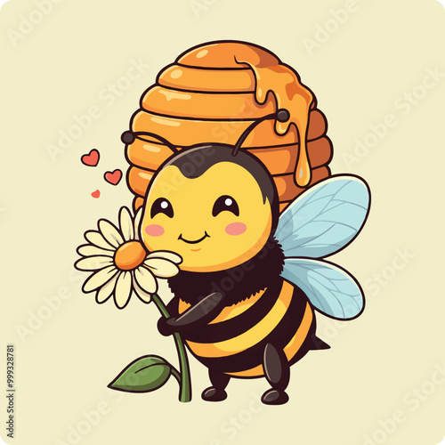 cartoon bee, cute bee, honey bee, kawaii bee, adorable bee, bee with honey, bee and flower, smiling bee, happy bee, honeycomb bee, buzzing bee, bee vector, bee clipart, bee drawing, bee digital art