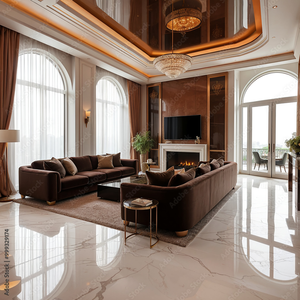 Opulent Living Room with Large Windows and Fireplace Opulent Living Room with Large Windows and Fireplace