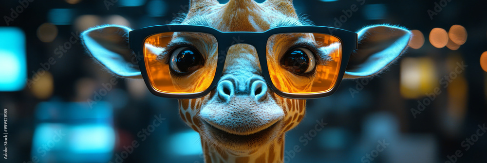 Smiling giraffe wearing glasses. Smiling giraffe wearing glasses.