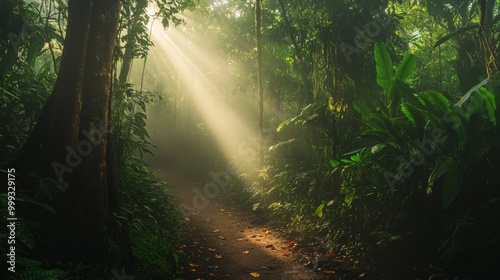 Sunlight shining through the trees in a tropical rainforest, creating a mystical and atmospheric path.