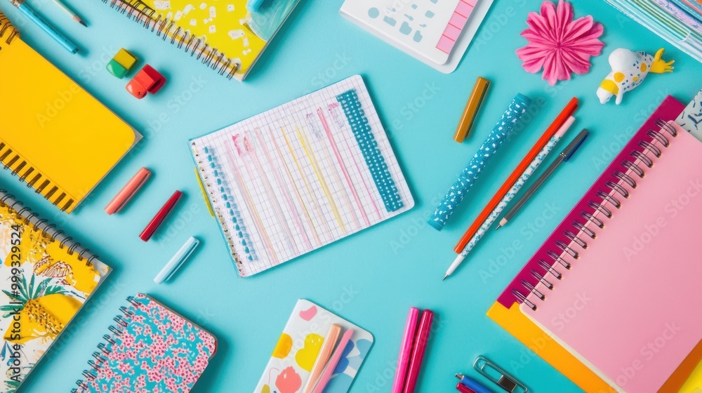 Show a creative study setup with an array of school supplies, including colorful notebooks, pens, and a personalized planner, inspiring a productive learning environment Show a creative study setup with an array of school supplies, including colorful notebooks, pens, and a personalized planner, inspiring a productive learning environment