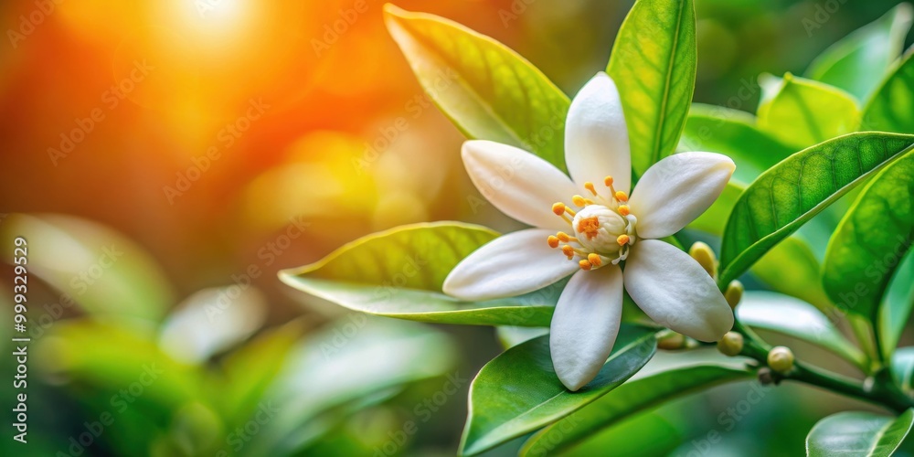 Fototapeta premium Orange blossom flower blooming in a garden , nature, orange, floral, petals, fragrance, spring, bloom, white, plant, citrus