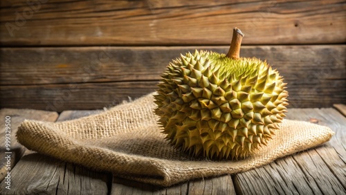 Fresh durian placed on a sack and old wood background , Durian, Kan yao, Durio zibthinus Murray, tropical fruit, exotic photo