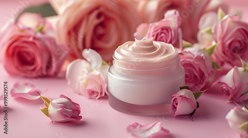 A jar of pink cream with rose petals and flowers on a pink background.