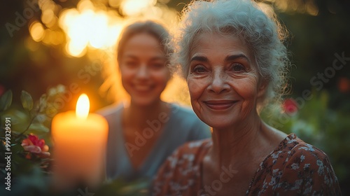  Happy nurse caring for elderly woman in a wheelchair. Young female pushing senior retirement nursing home patient in a wheelchair outdoors in a garden 