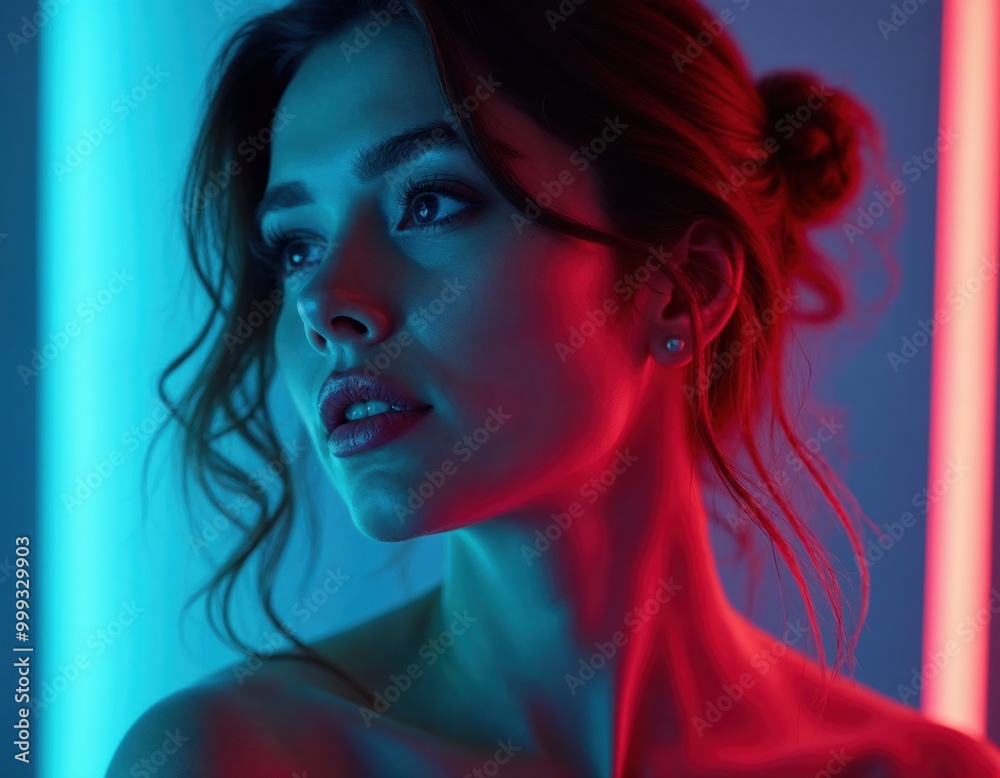 Image of a pretty beautiful young woman posing over neon lights.