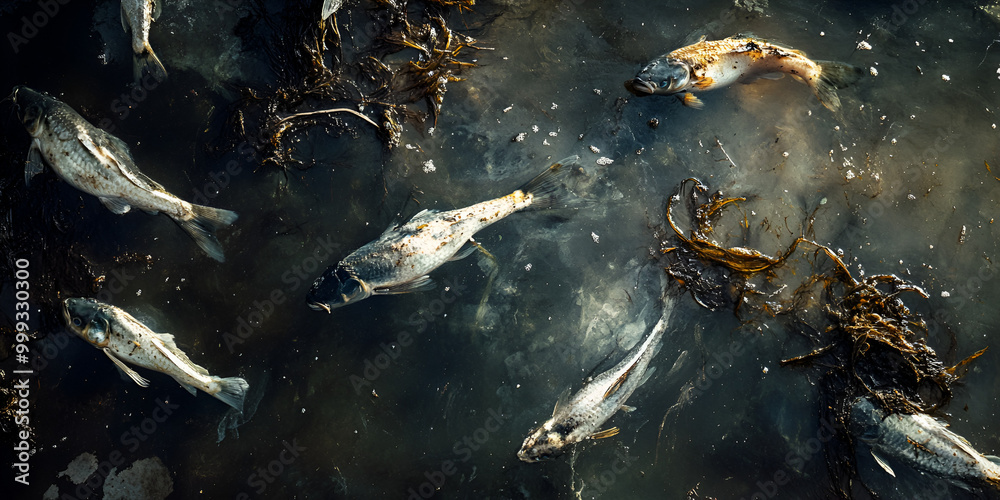 a group of fish swimming in a body of water, with some fish appearing to be dead. a group of fish swimming in a body of water, with some fish appearing to be dead.