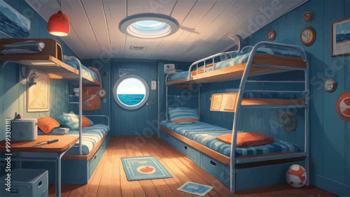 Compact Crew Quarters with Bunk Beds, Ocean View & Nautical Decor in Warm Glow